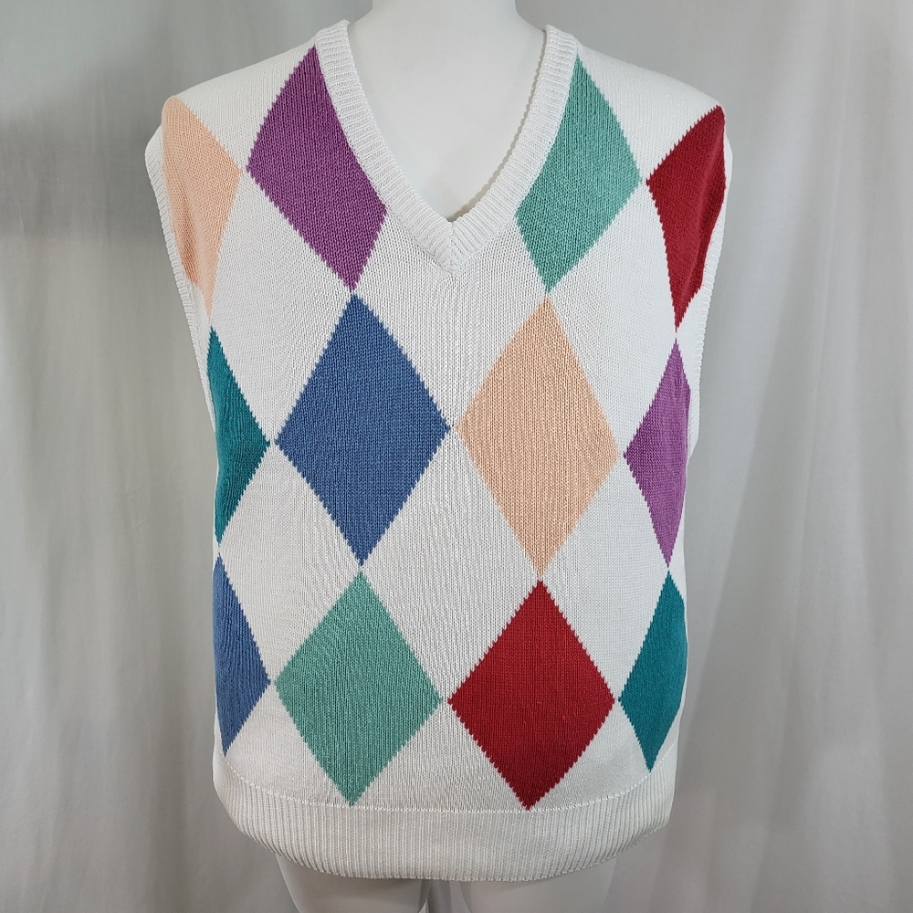 Sansabelt Golf Argyle Sweater VEST Mens Size XL White Multicolor Pullover Vtg